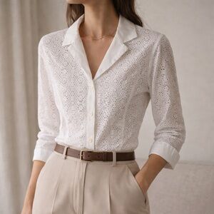 Escada White Eyelet Cotton Button Down Shirt